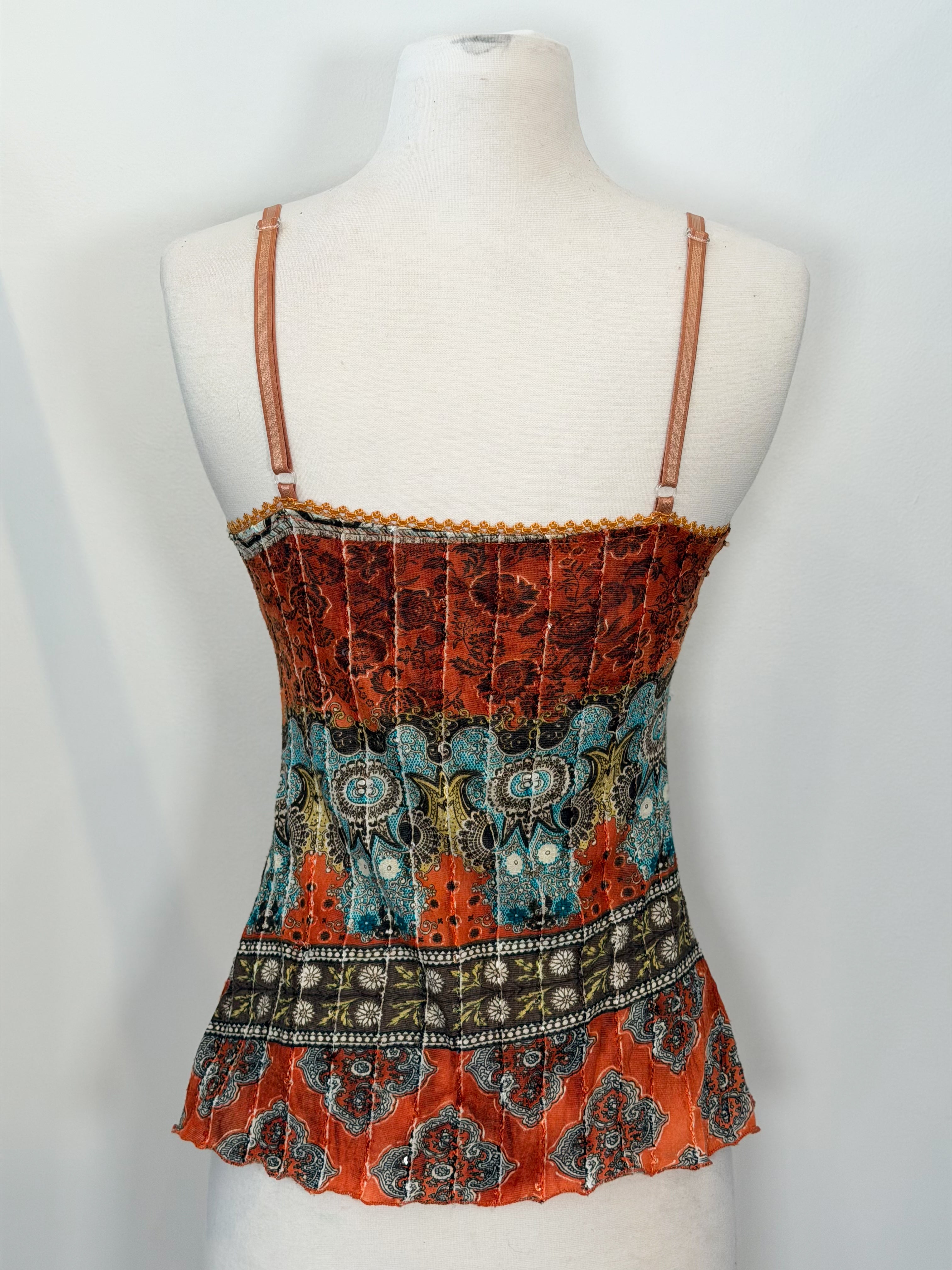 Y2K Italian indie boho print stretch and sequin cami top - Small