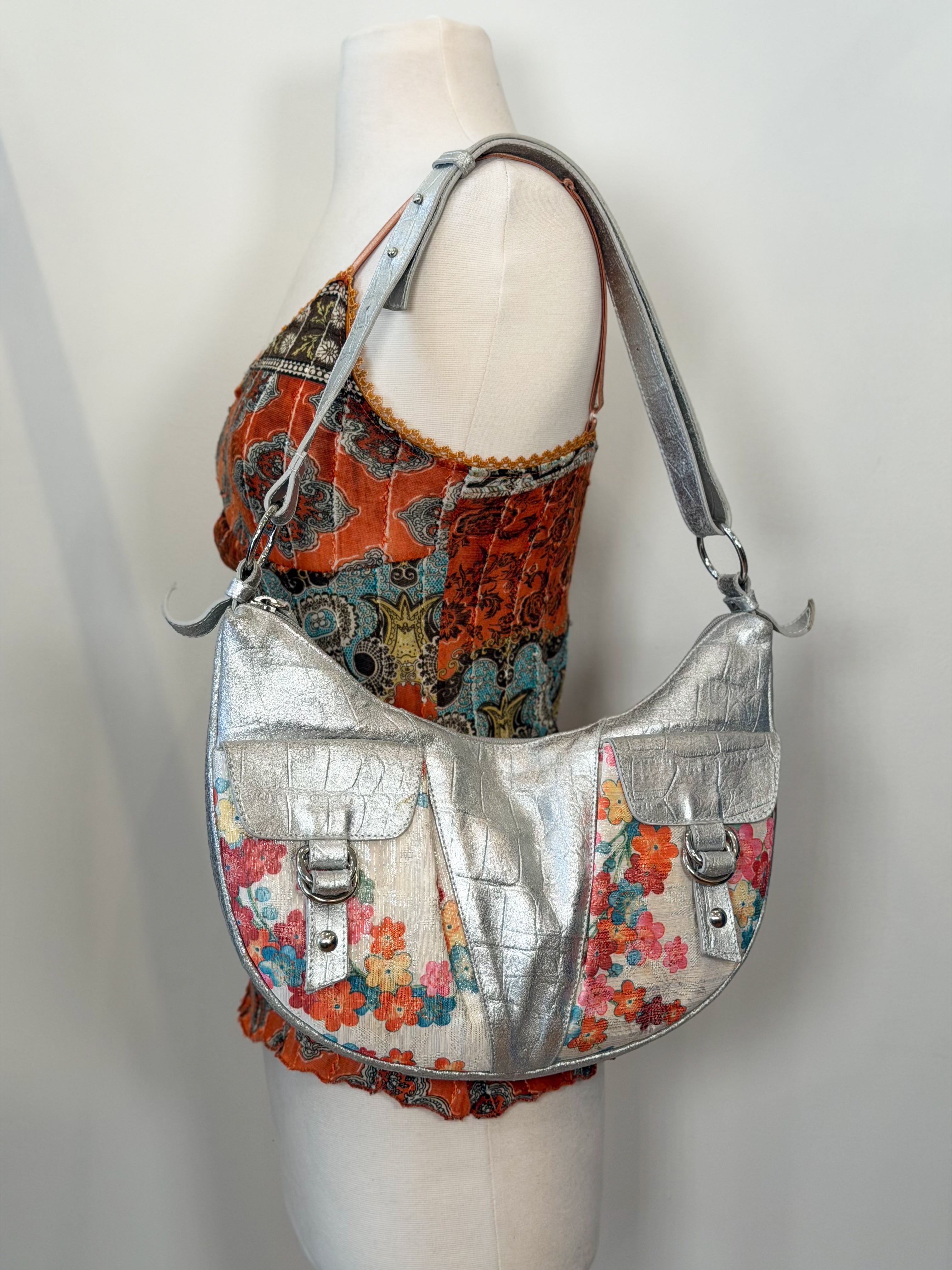 Y2K Italian fairy festival silver leather and floral canvas slouchy shoulder bag