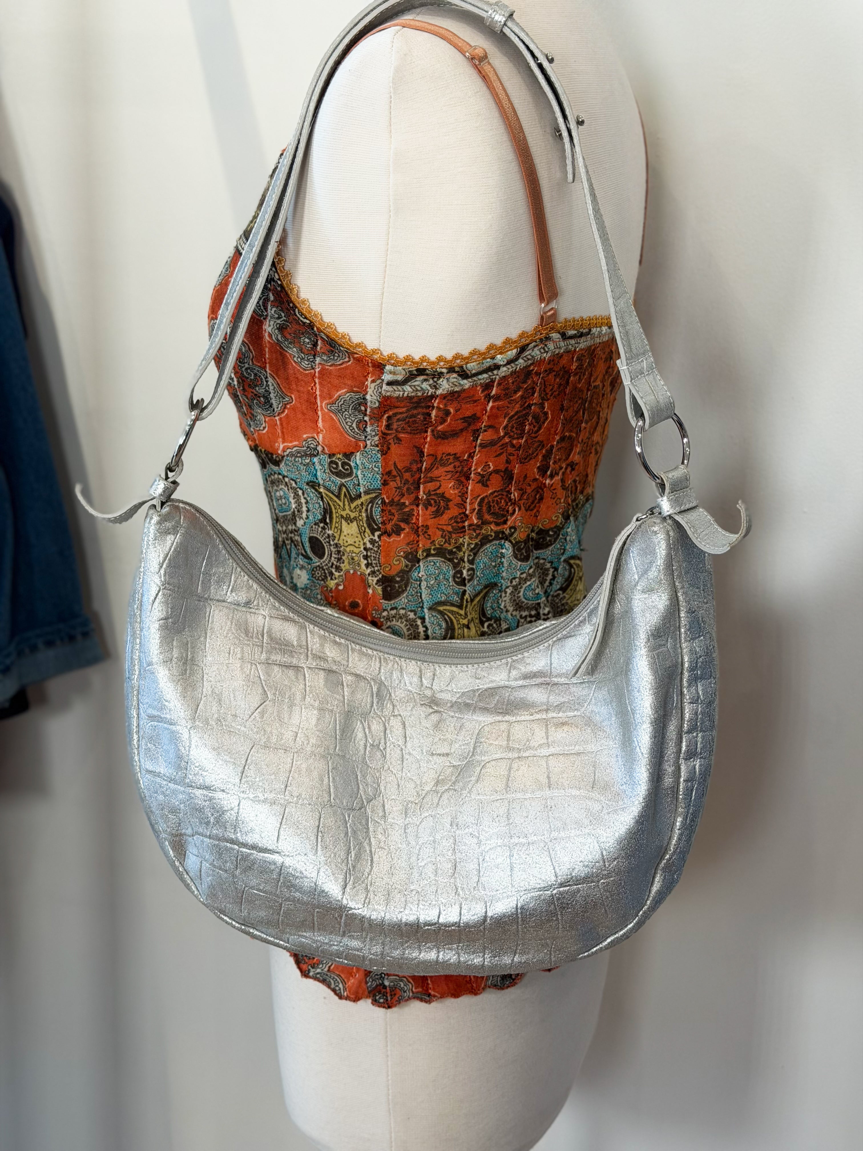 Y2K Italian fairy festival silver leather and floral canvas slouchy shoulder bag