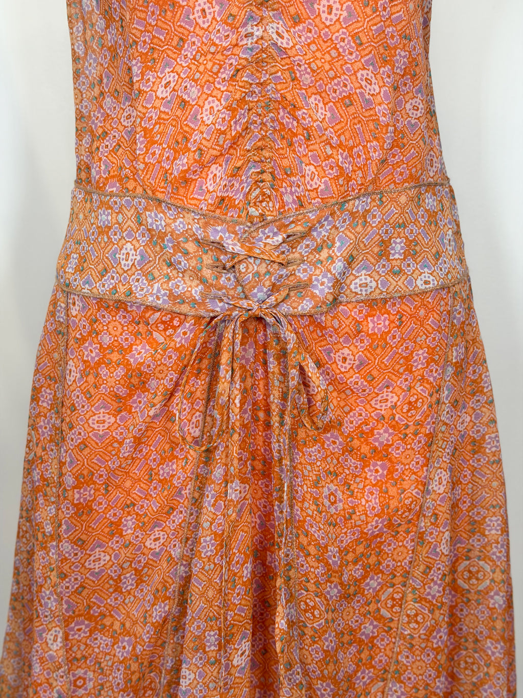 Y2K Italian boho silk peach print festival dress S