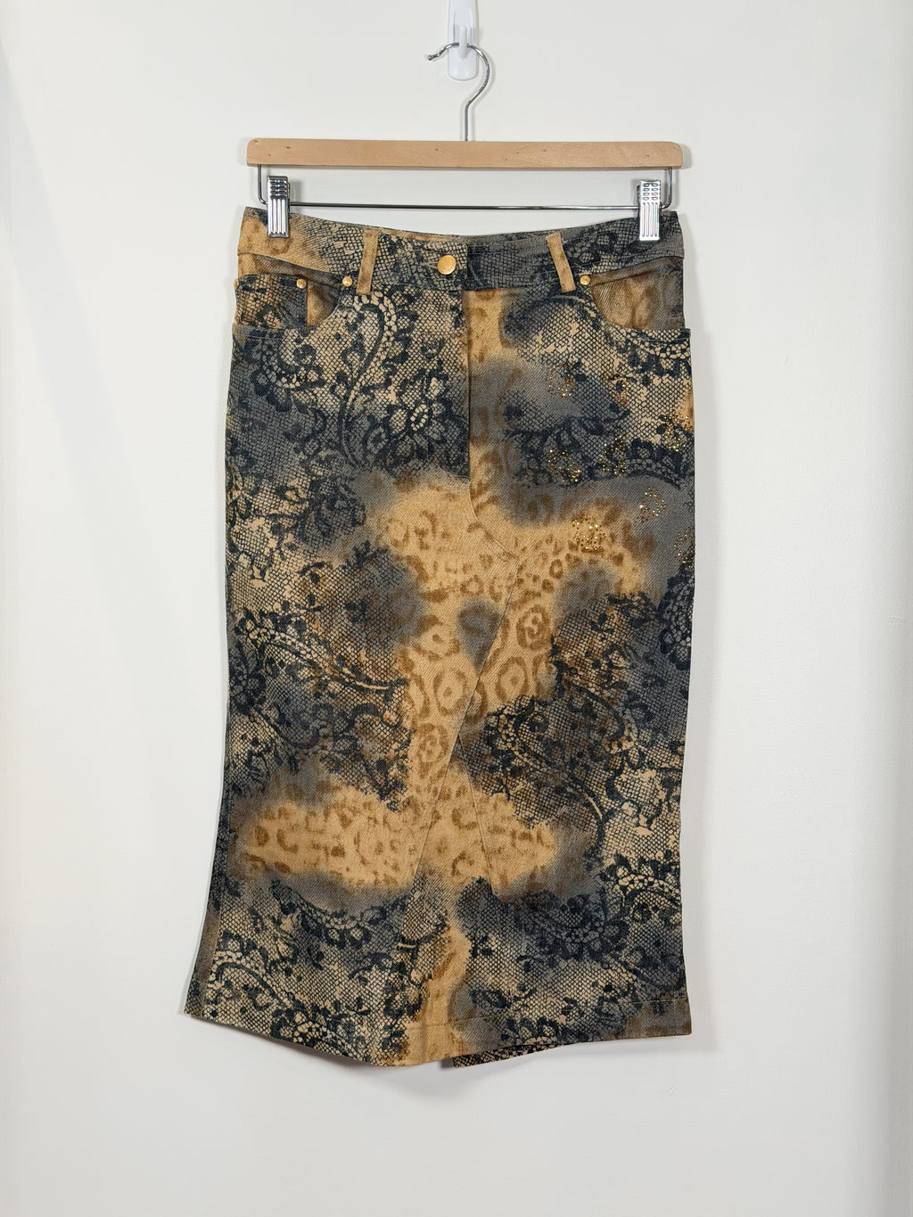 Y2K Italian It Girl animal/lace print and sequin low waisted midi skirt S