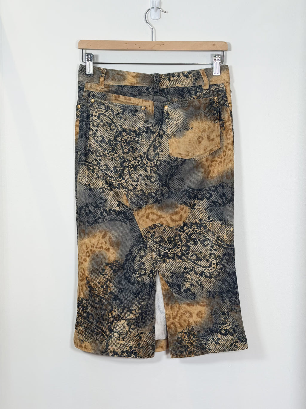 Y2K Italian It Girl animal/lace print and sequin low waisted midi skirt S