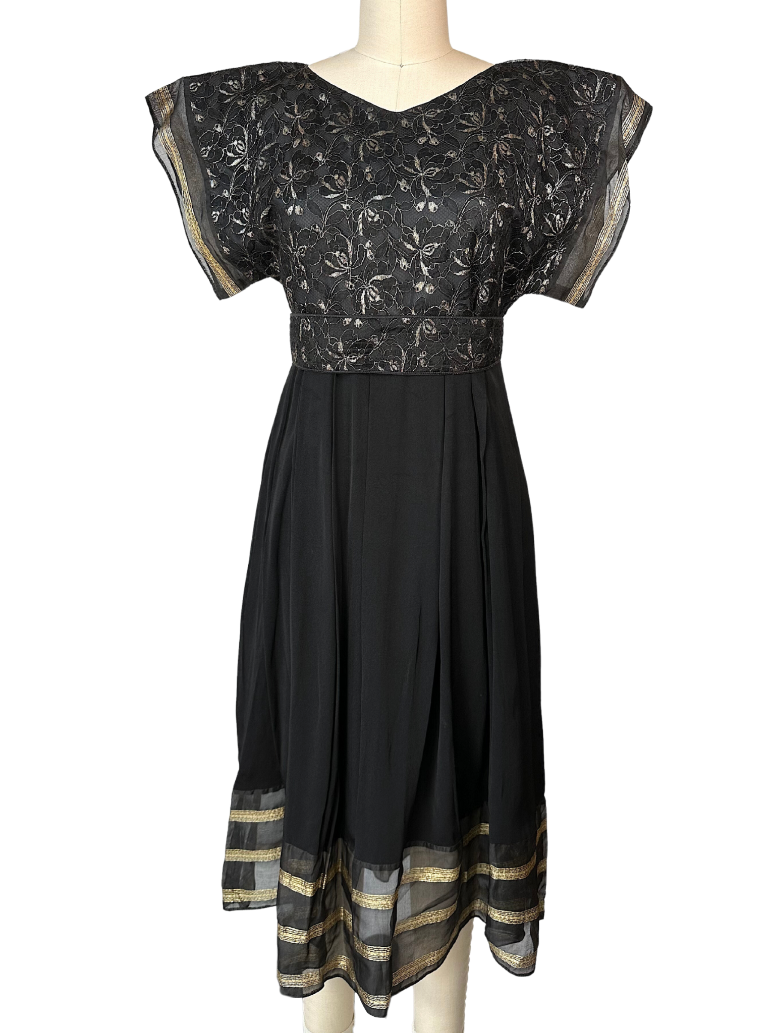Vintage Landeaux Black Dress with Gold Detailing - M - L