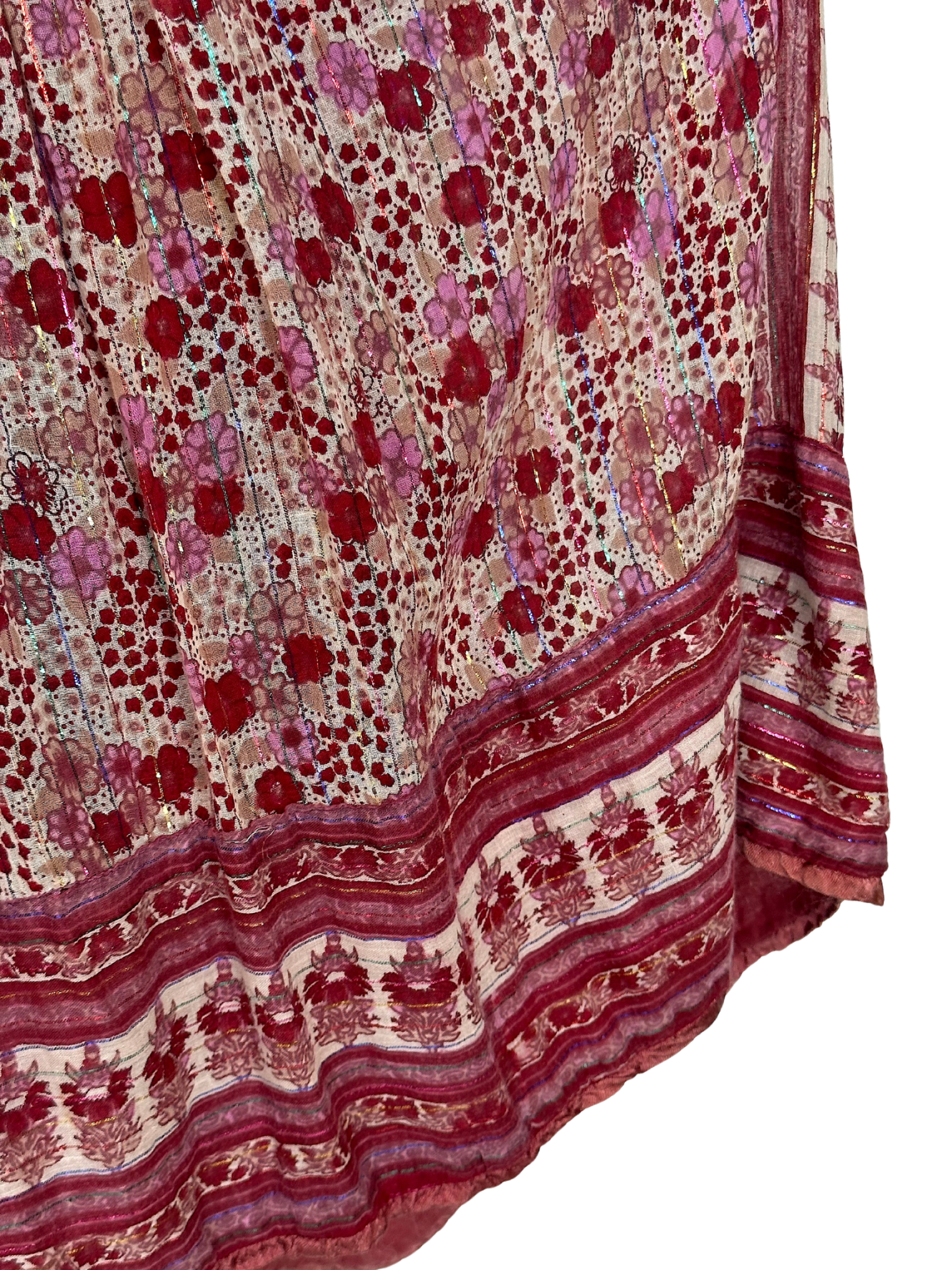 Vintage Red Floral Indian Cotton Gauze Hippie Dress - M