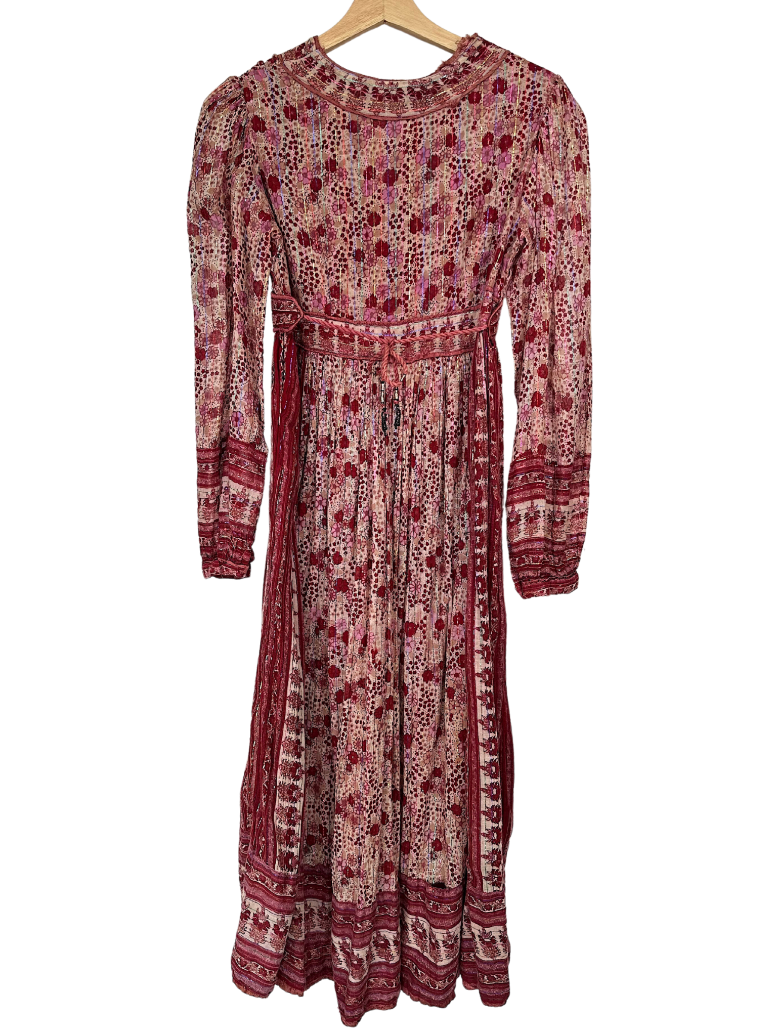 Vintage Red Floral Indian Cotton Gauze Hippie Dress - M