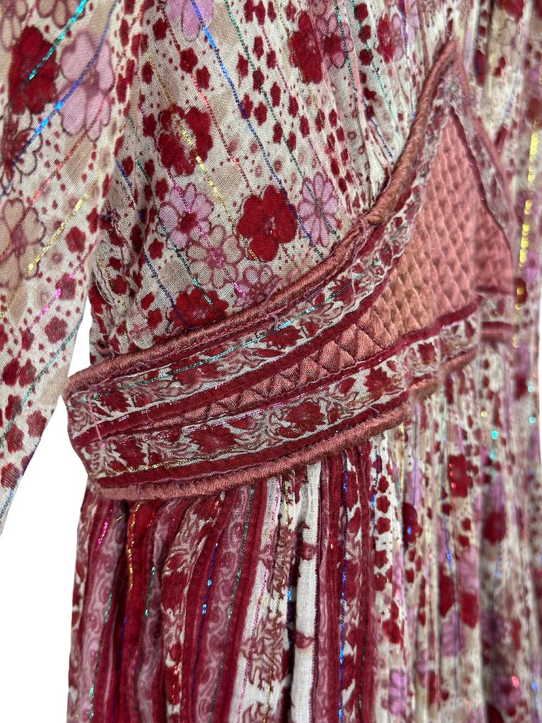 Vintage Red Floral Indian Cotton Gauze Hippie Dress - M