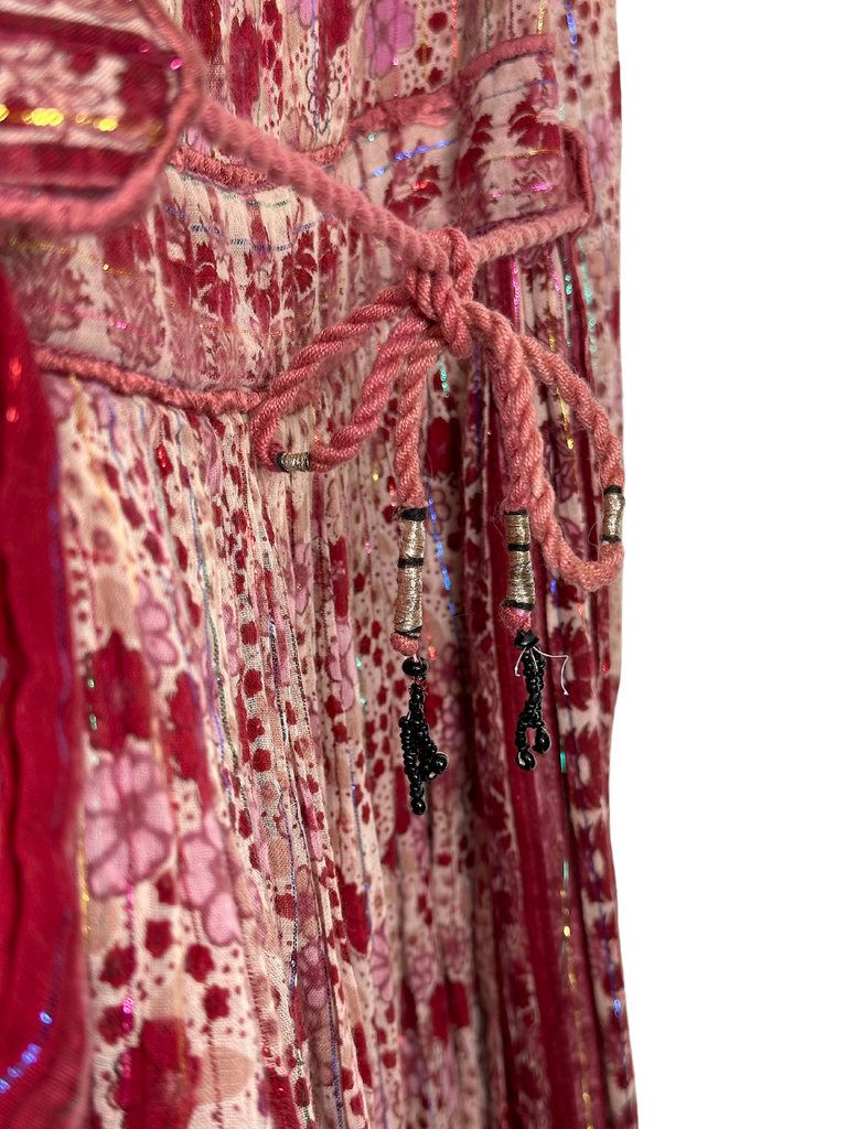 Vintage Red Floral Indian Cotton Gauze Hippie Dress - M