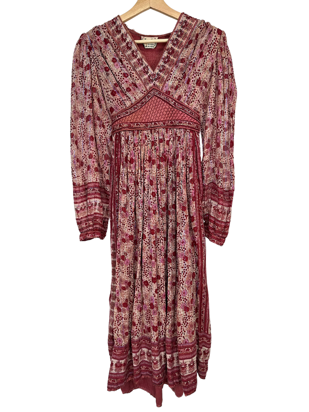 Vintage Red Floral Indian Cotton Gauze Hippie Dress - M