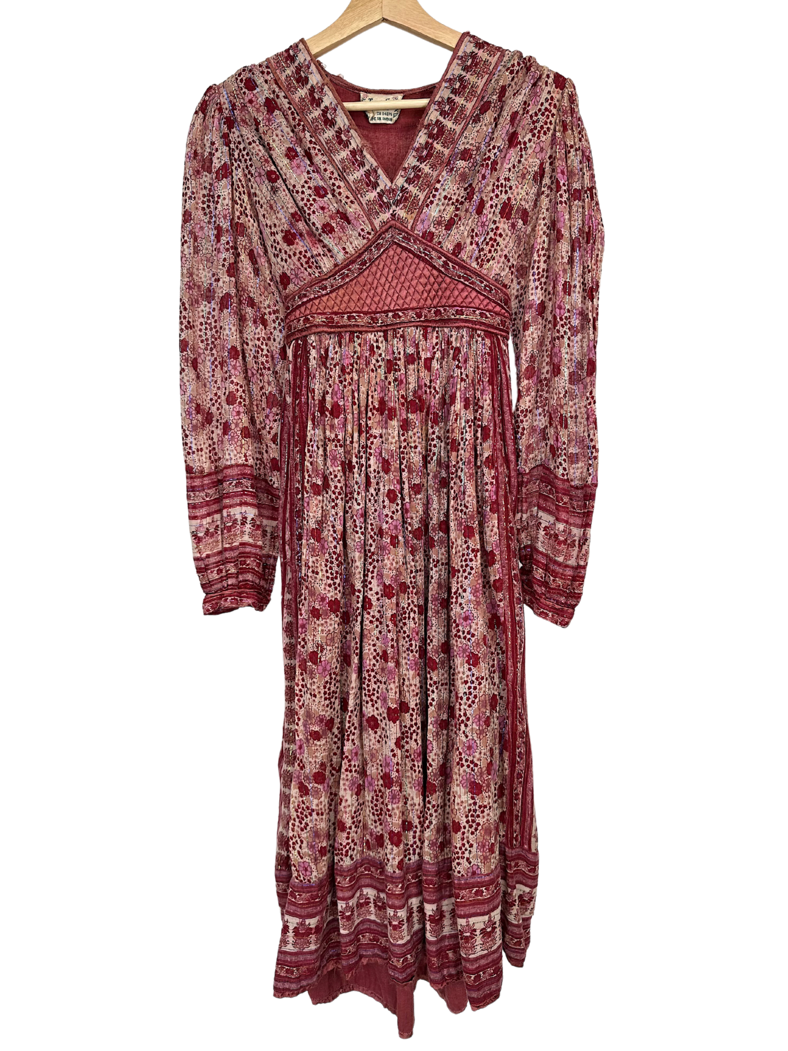 Vintage Red Floral Indian Cotton Gauze Hippie Dress - M