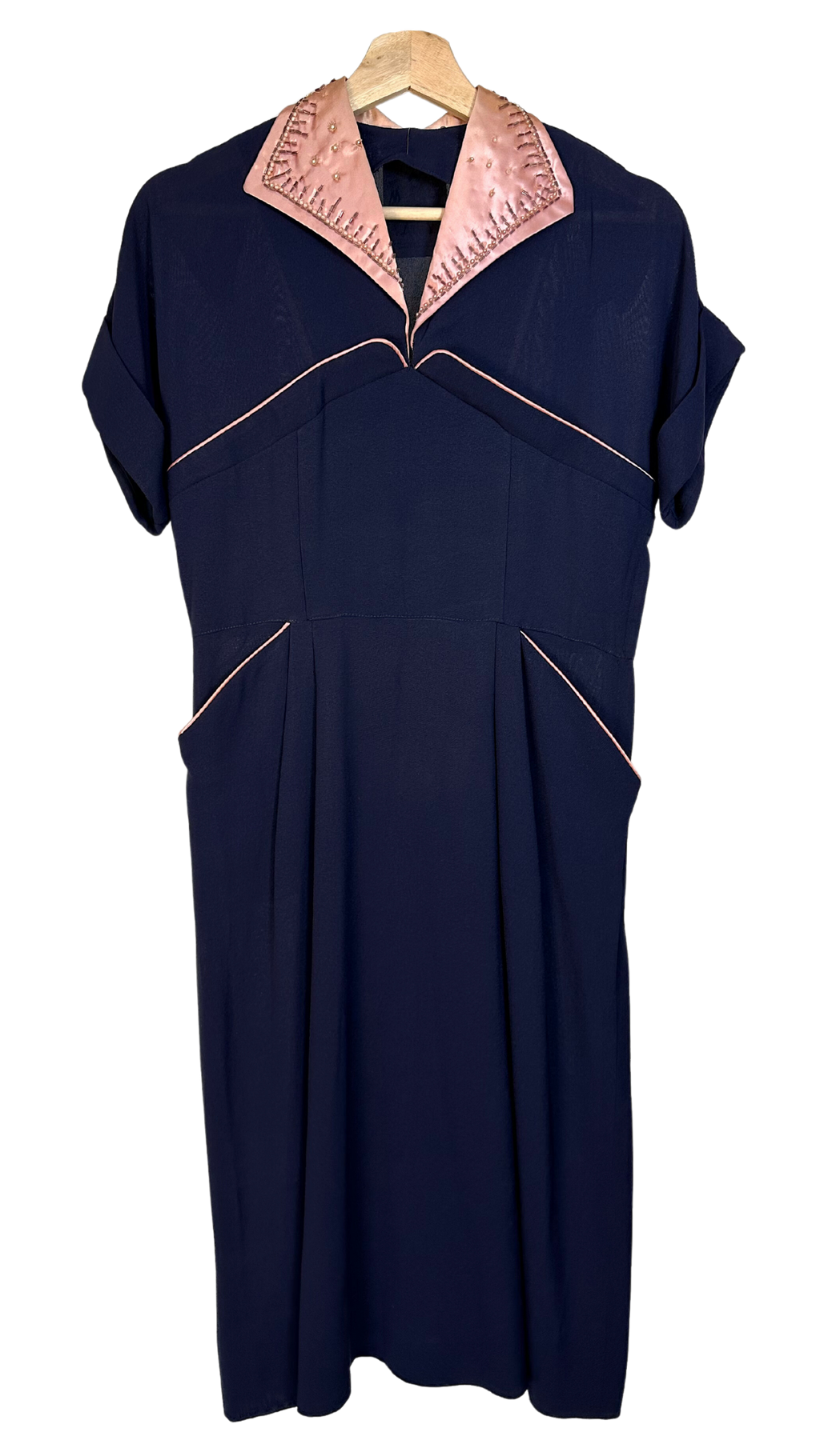 Vintage 1940s Navy Blue Dress with Pockets - M
