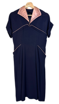 Vintage 1940s Navy Blue Dress with Pockets - M
