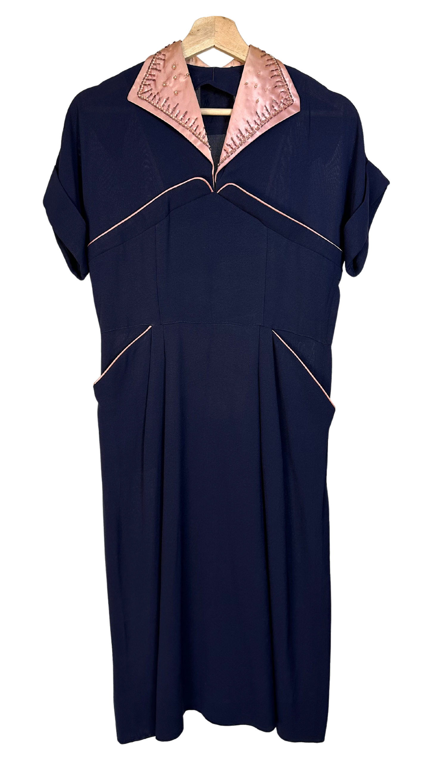 Vintage 1940s Navy Blue Dress with Pockets - M