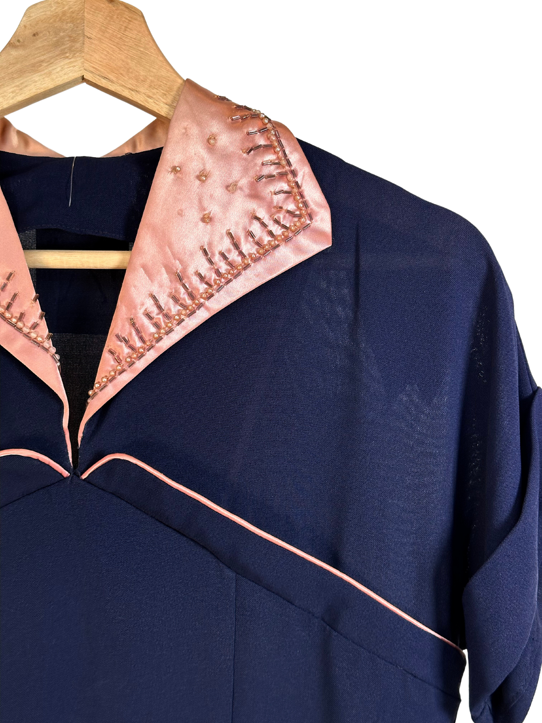 Vintage 1940s Navy Blue Dress with Pockets - M