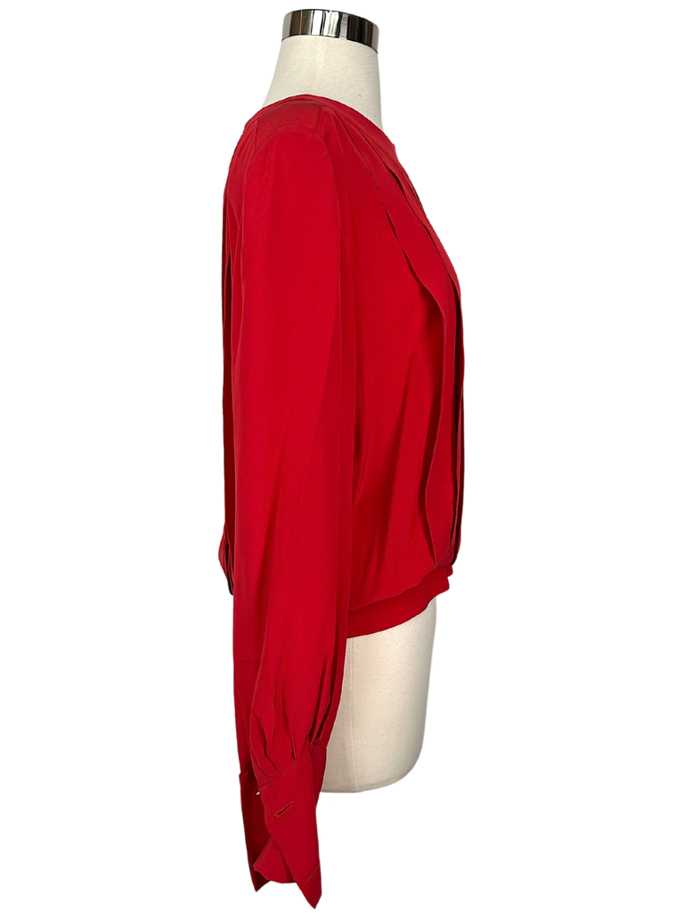 Vintage 1980s Red Chanel Front Pleat Silk Blouse - M