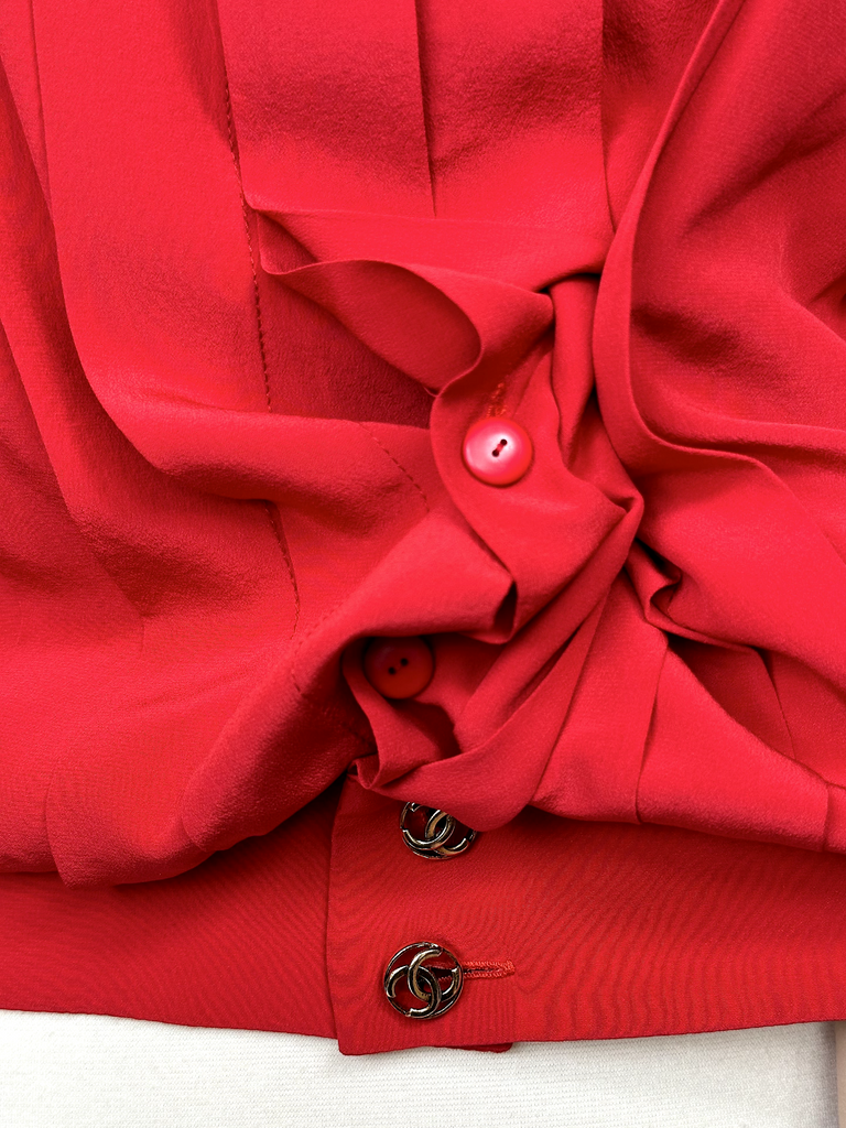 Vintage 1980s Red Chanel Front Pleat Silk Blouse - M