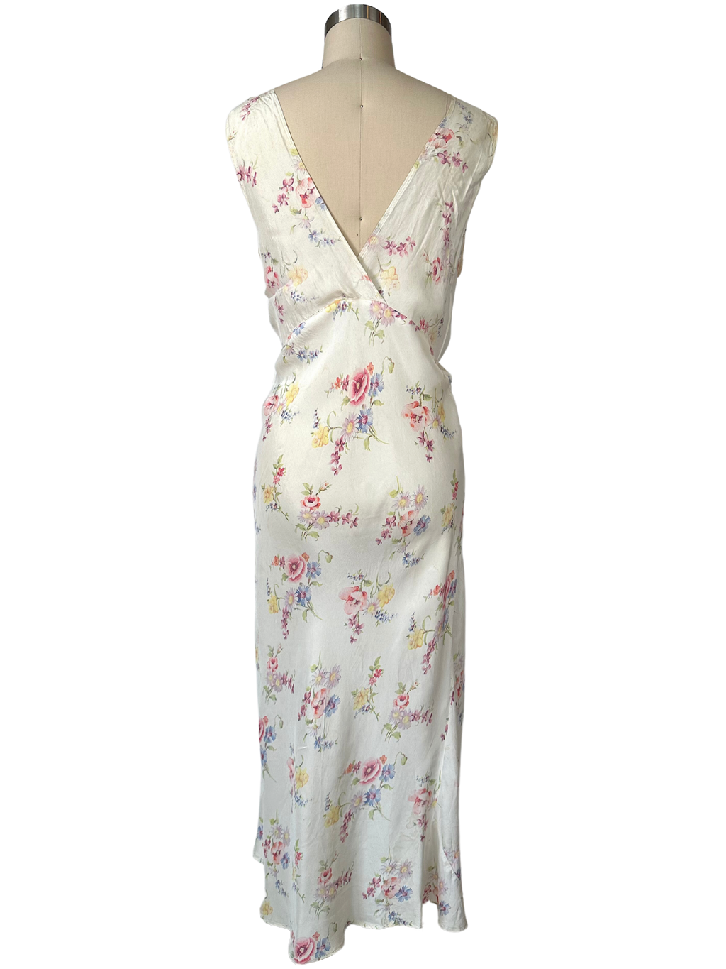 1930s White Floral Sleeveless Satin Dress - M - L