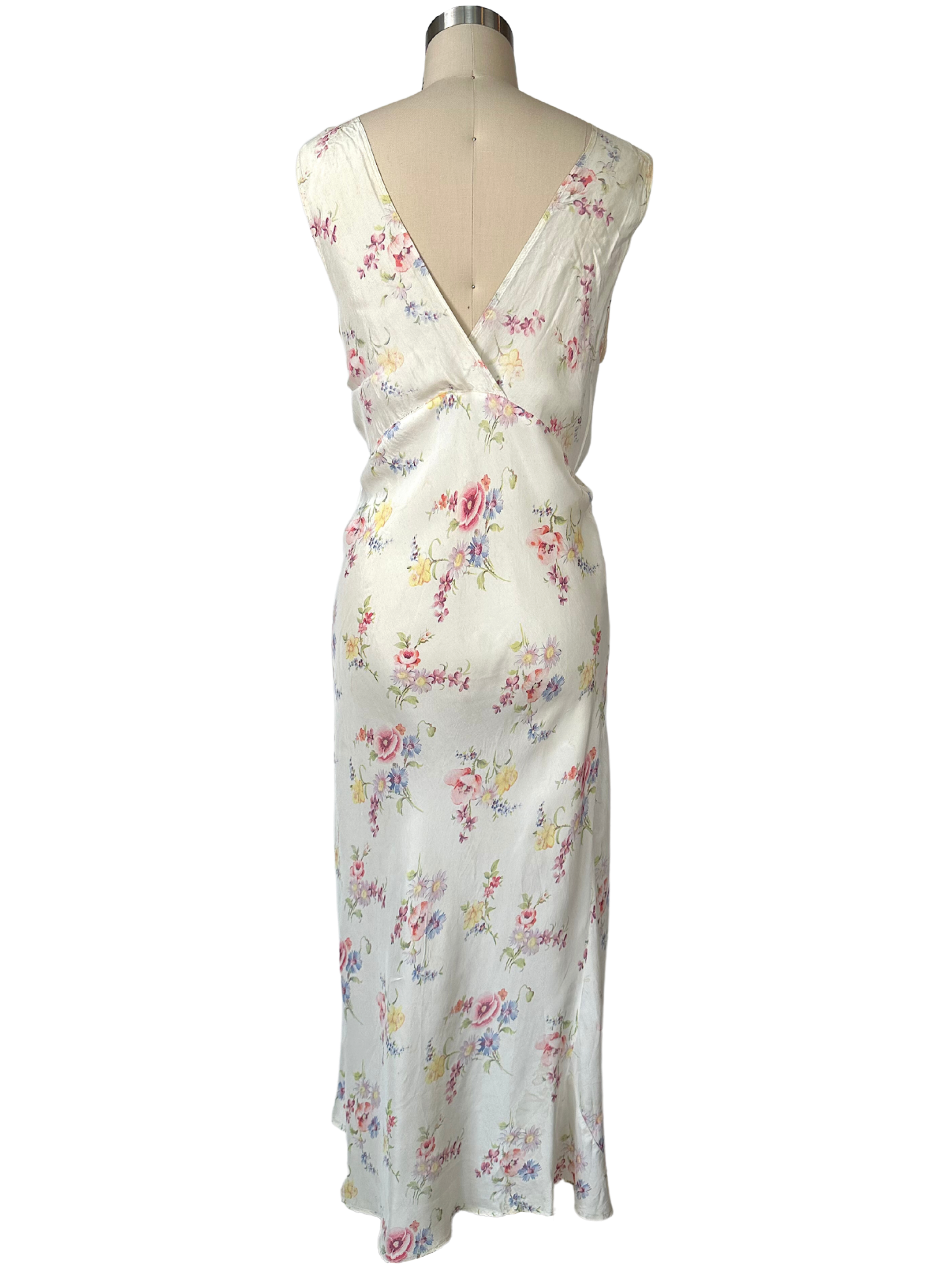 1930s White Floral Sleeveless Satin Dress - M - L