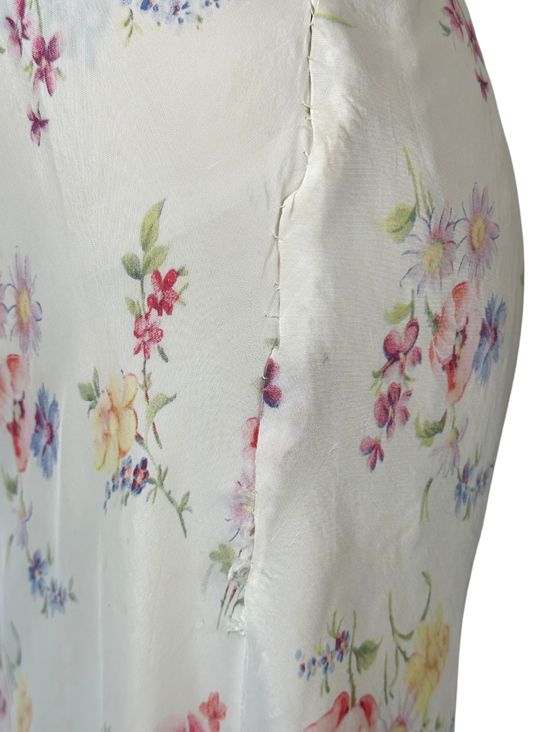 1930s White Floral Sleeveless Satin Dress - M - L