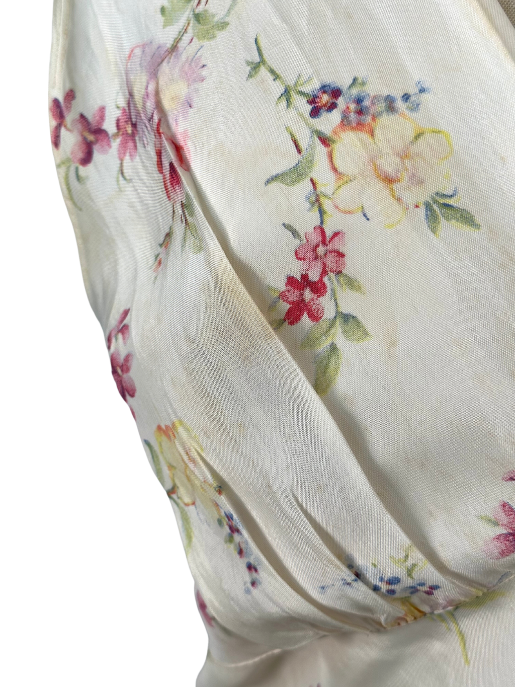 1930s White Floral Sleeveless Satin Dress - M - L