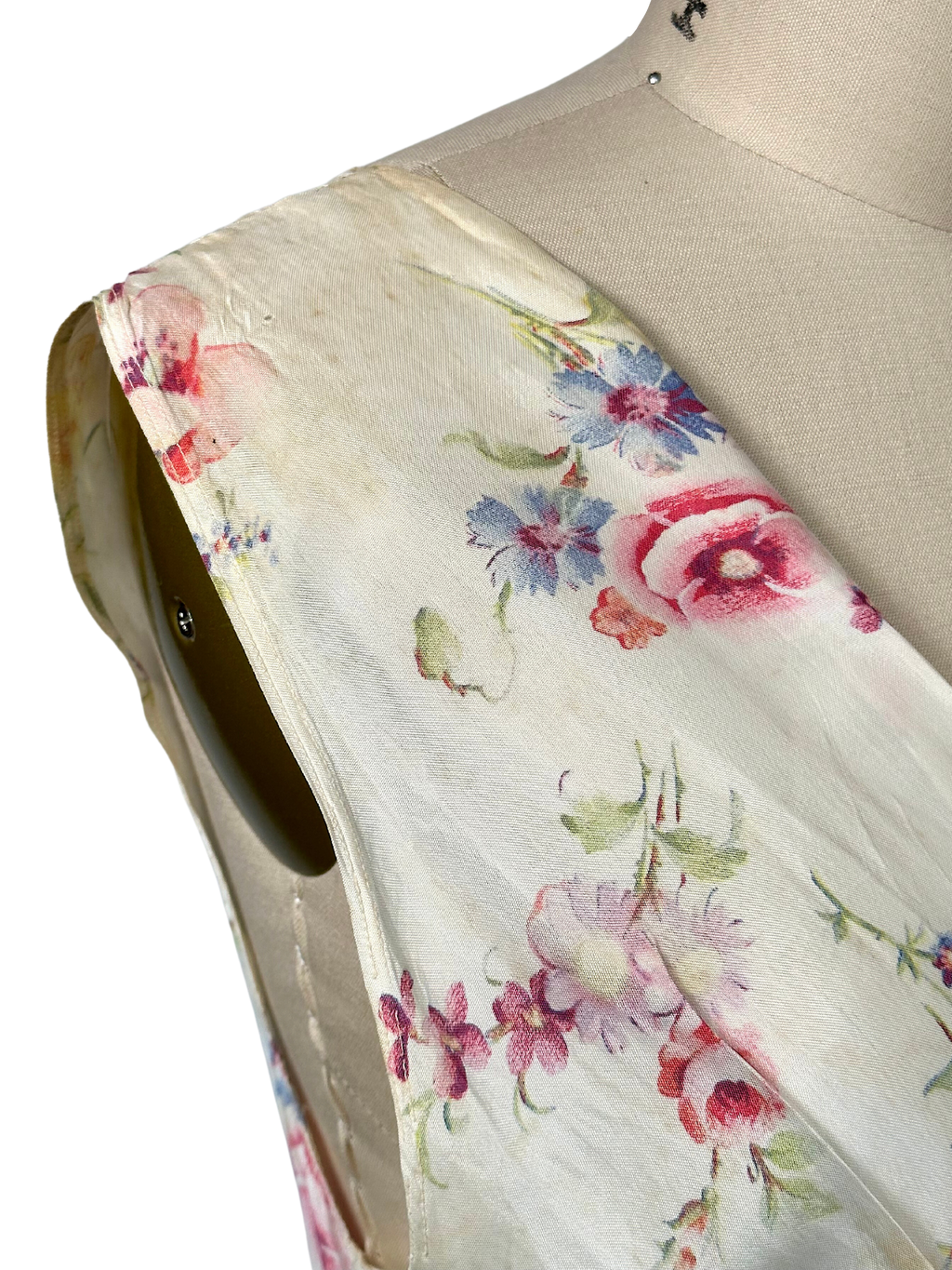 1930s White Floral Sleeveless Satin Dress - M - L