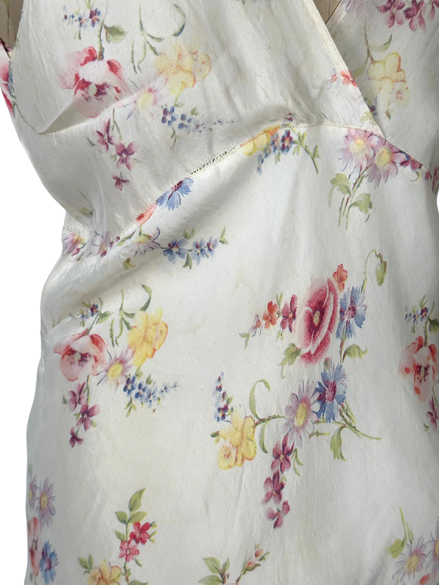 1930s White Floral Sleeveless Satin Dress - M - L