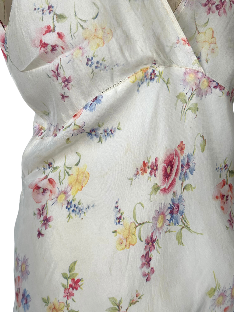 1930s White Floral Sleeveless Satin Dress - M - L