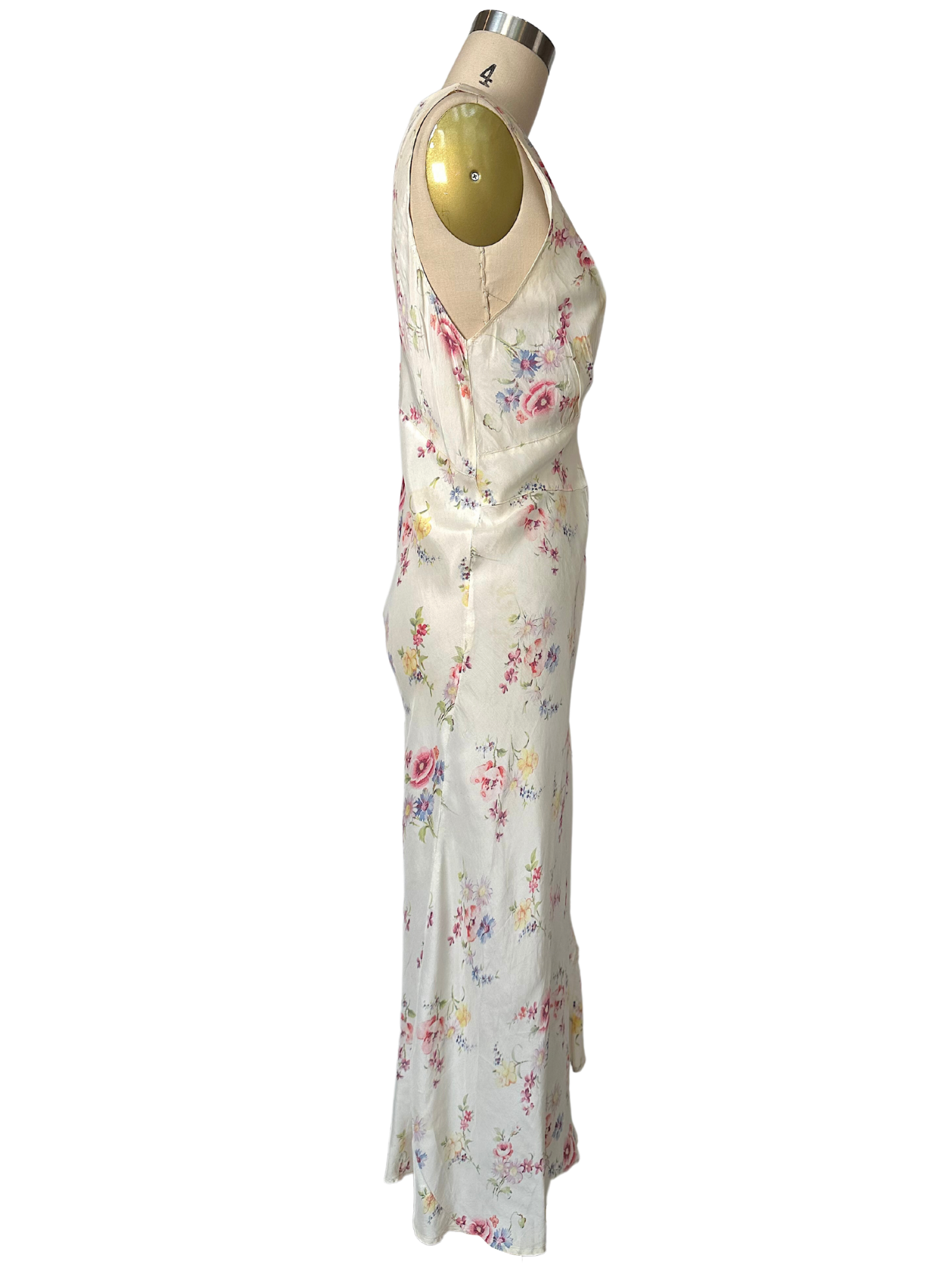 1930s White Floral Sleeveless Satin Dress - M - L