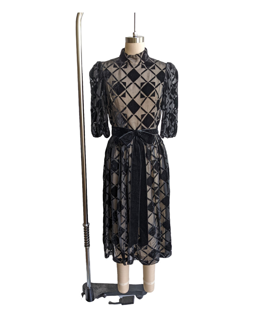 Vintage Designer Black Velvet and Nude Lining Harlequin Dress S-M