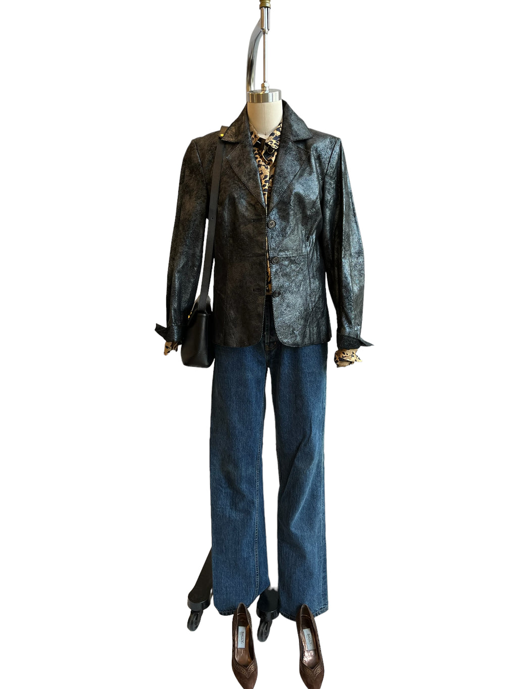 Black Metallic Leather Blazer Jacket - M