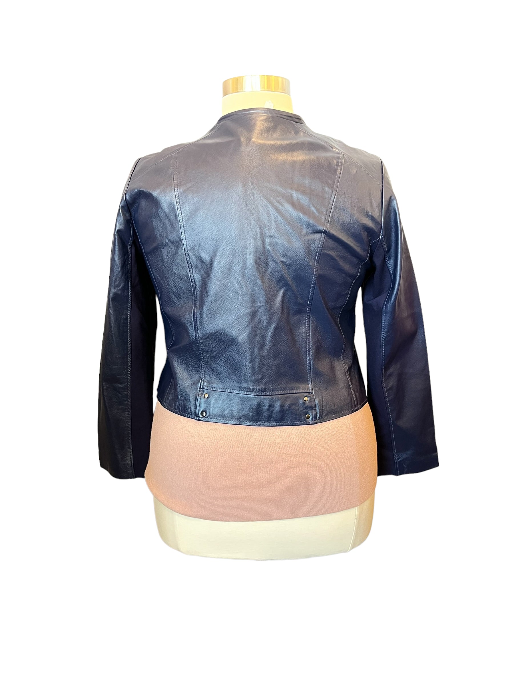 Jessica London Blue Collarless Leather Front Zip Jacket