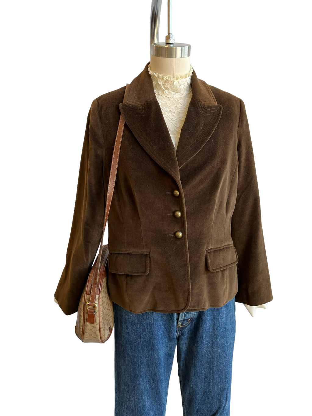 Chocolate brown Velvet 3 Button Blazer Jacket - M