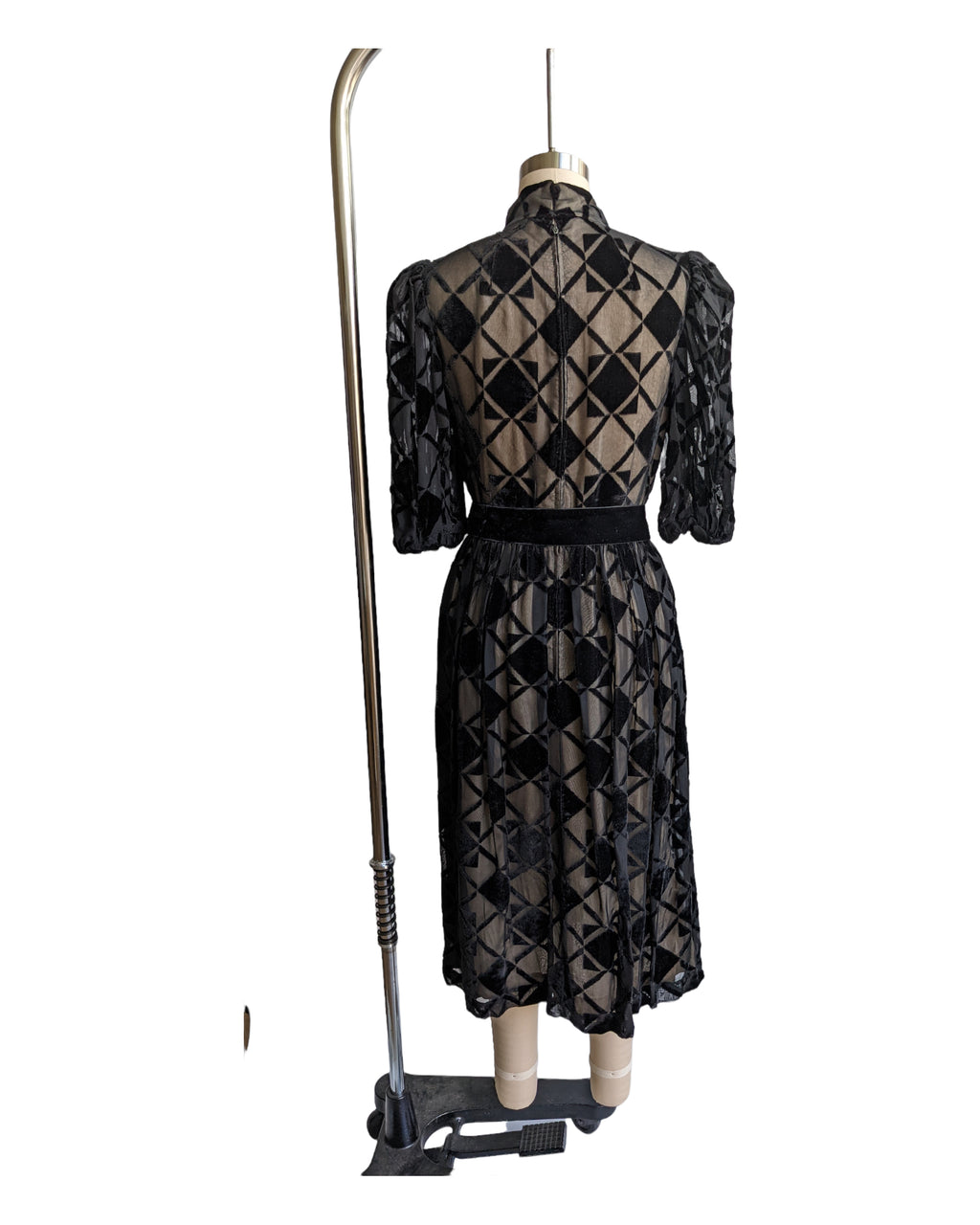 Vintage Designer Black Velvet and Nude Lining Harlequin Dress S-M