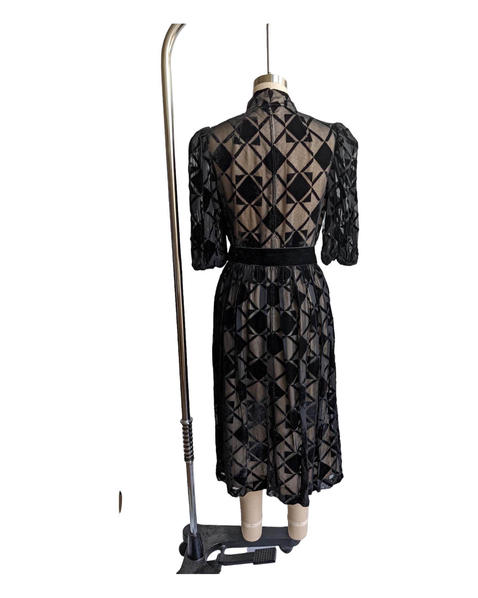 Vintage Designer Black Velvet and Nude Lining Harlequin Dress S-M