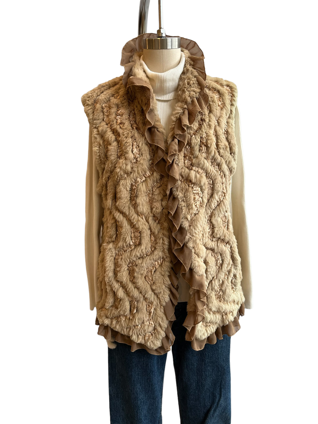 Beige Knitted Rabbit Fur Vest - M