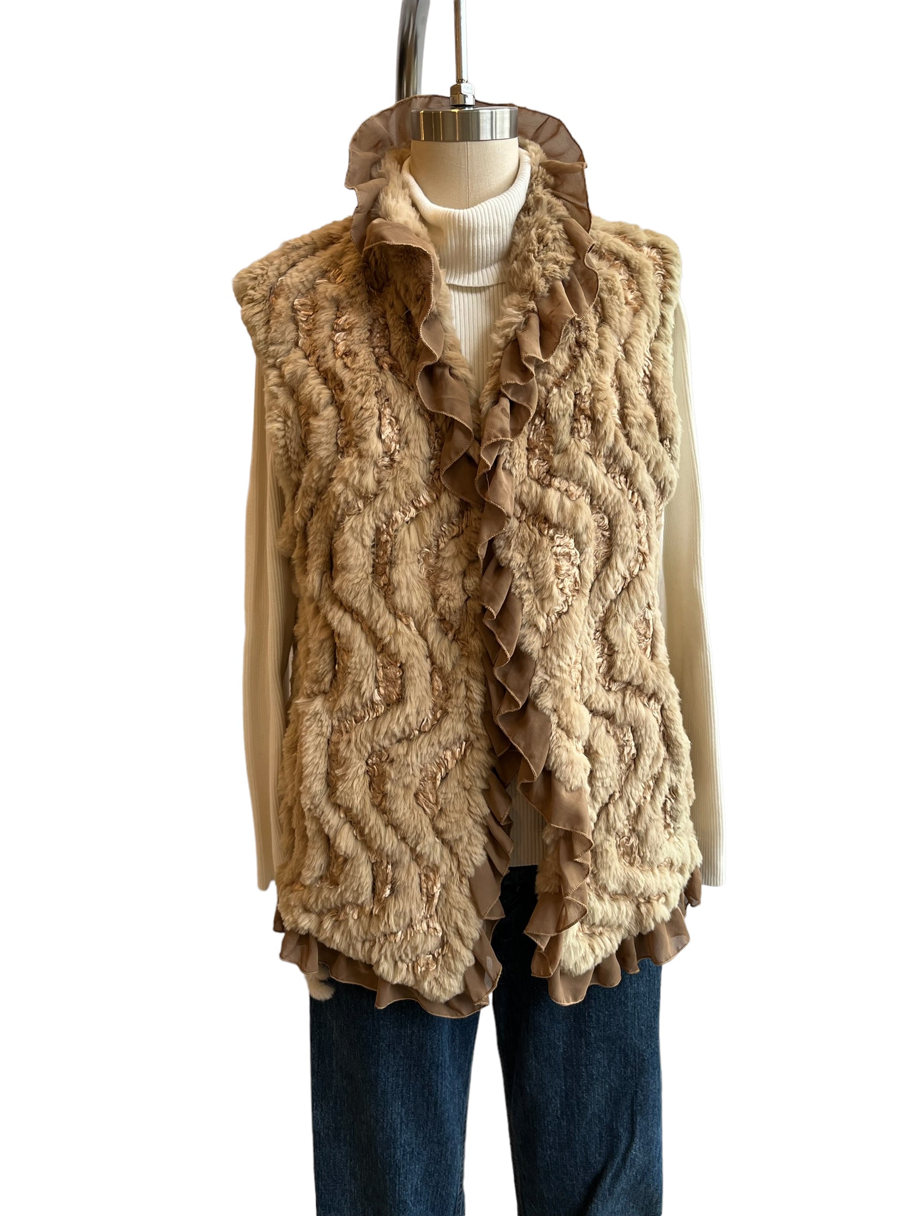 Beige Knitted Rabbit Fur Vest - M