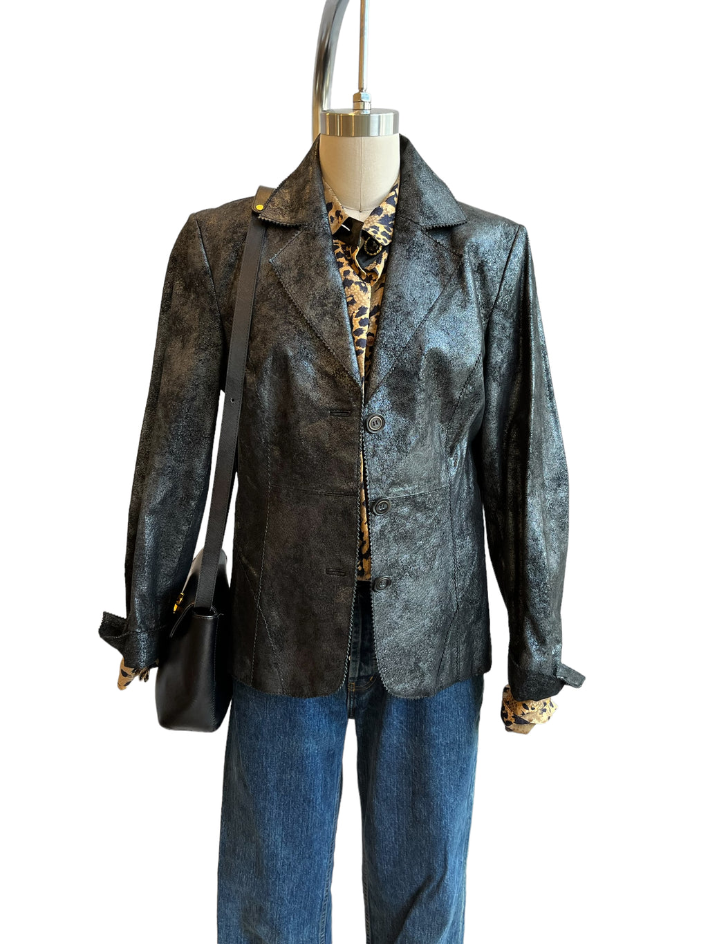 Black Metallic Leather Blazer Jacket - M