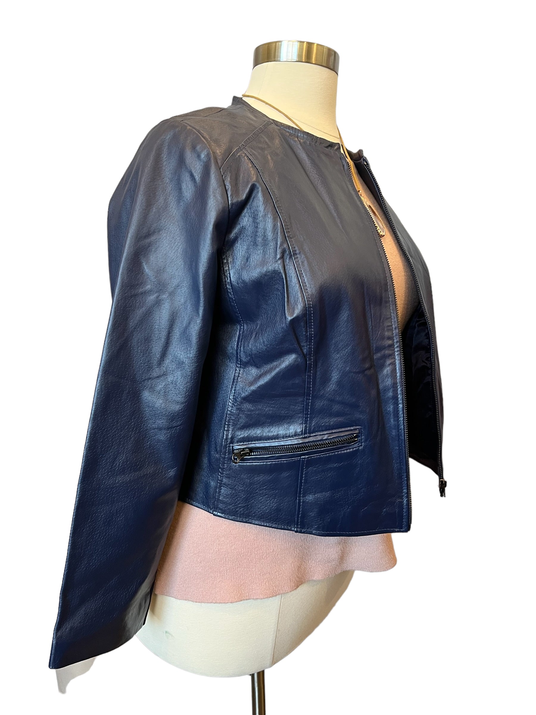 Jessica London Blue Collarless Leather Front Zip Jacket