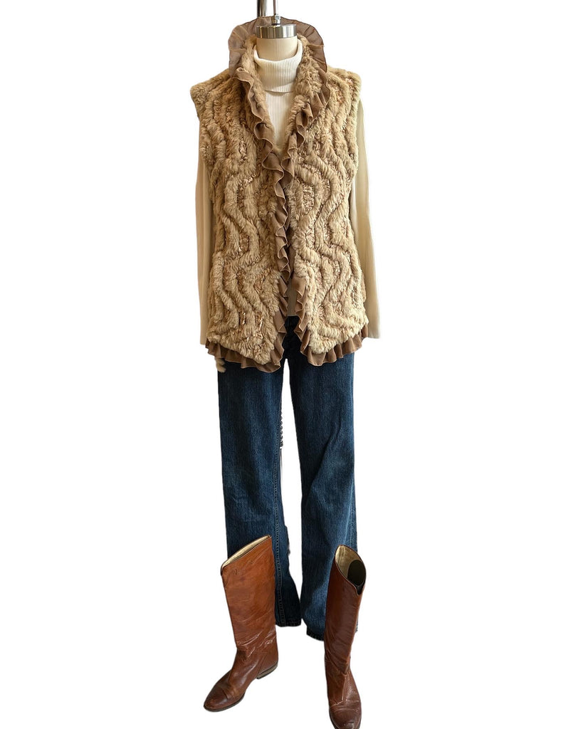 Beige Knitted Rabbit Fur Vest - M