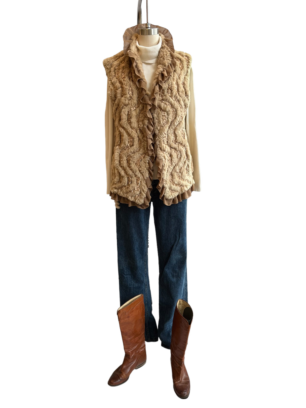 Beige Knitted Rabbit Fur Vest - M