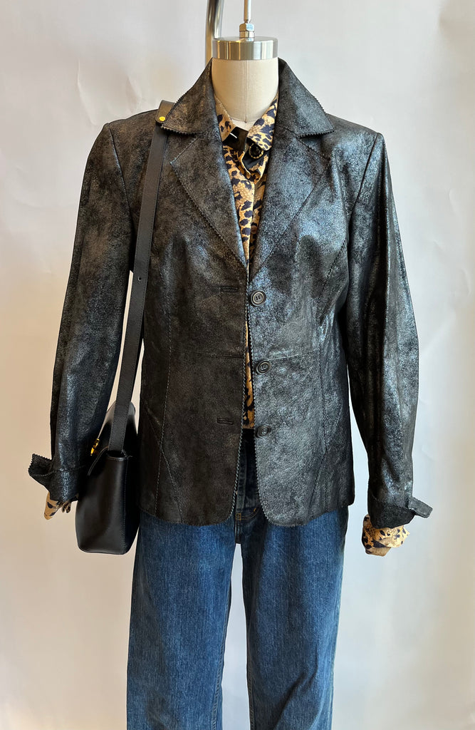 Black Metallic Leather Blazer Jacket - M