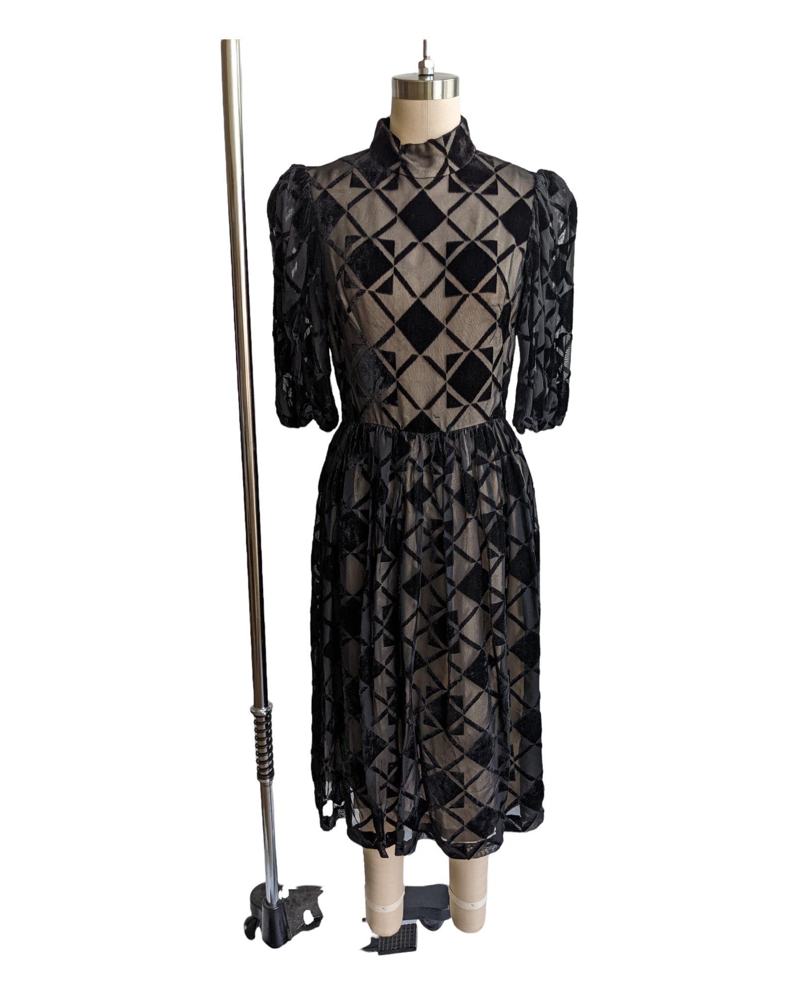 Vintage Designer Black Velvet and Nude Lining Harlequin Dress S-M