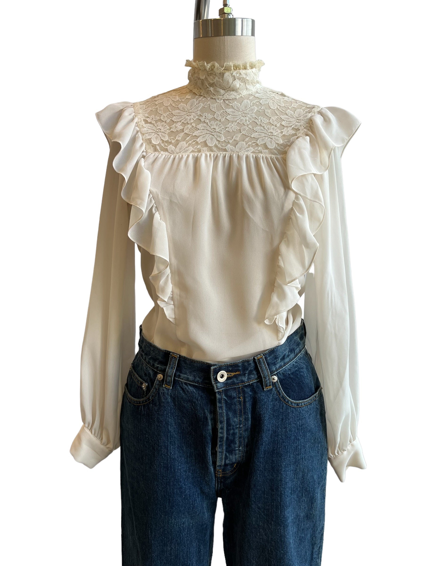 Vintage Cream Lace Inset Ruffle Front Blouse Top - S-S/M