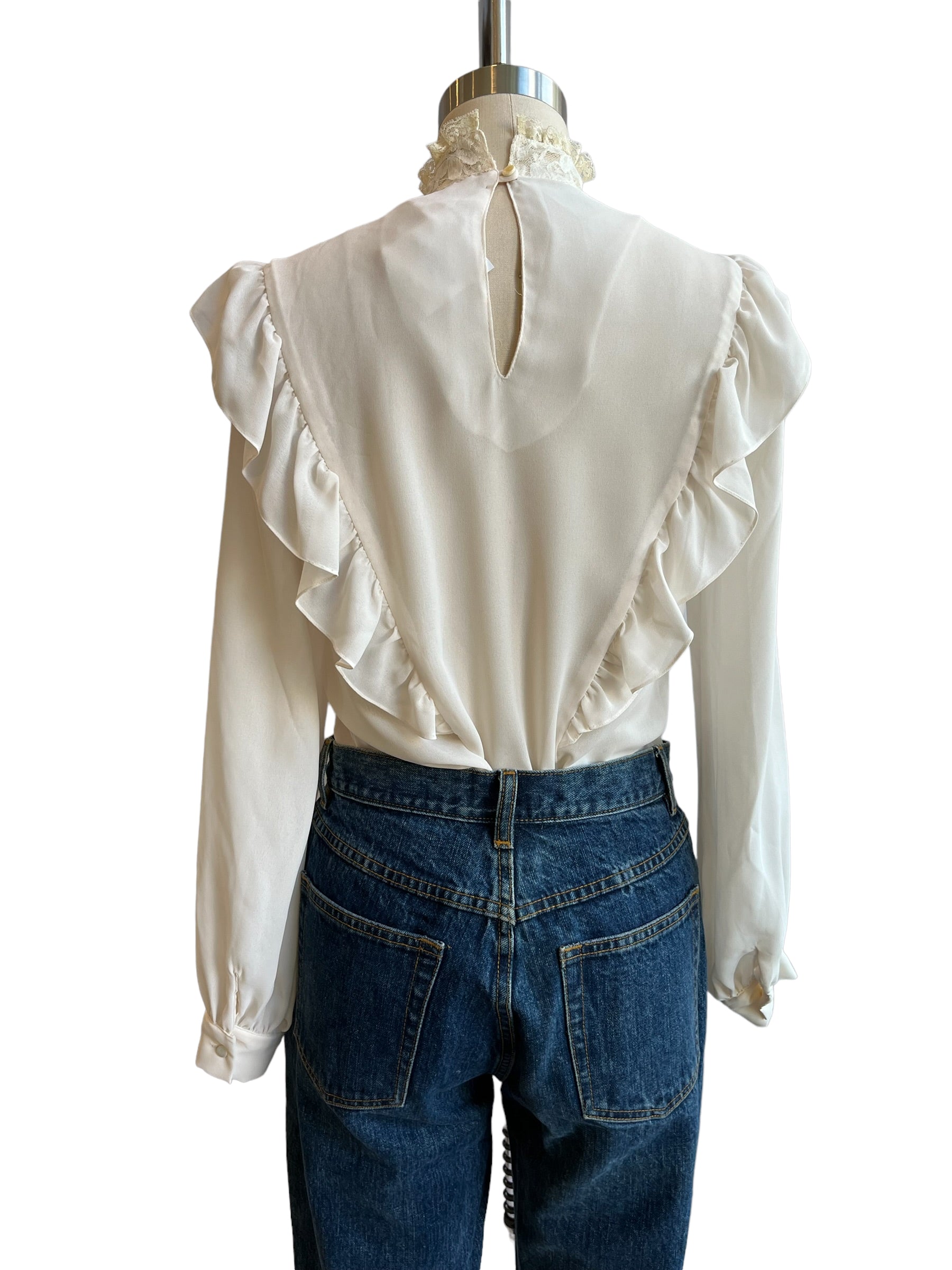 Vintage Cream Lace Inset Ruffle Front Blouse Top - S-S/M