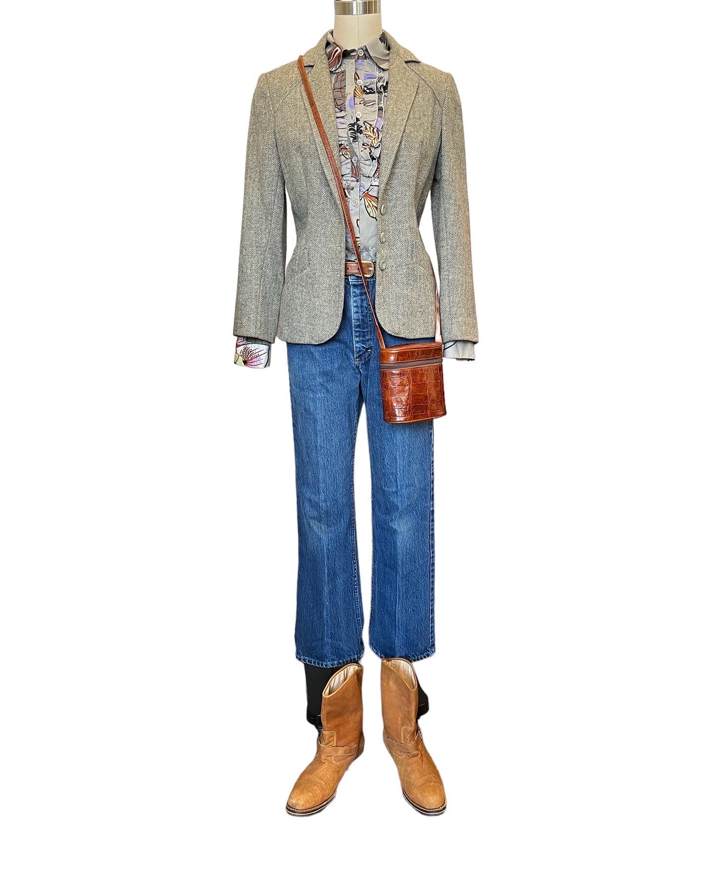 Vintage Herringbone Fitted Wool Blazer - XS - S