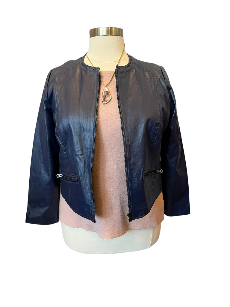 Jessica London Blue Collarless Leather Front Zip Jacket