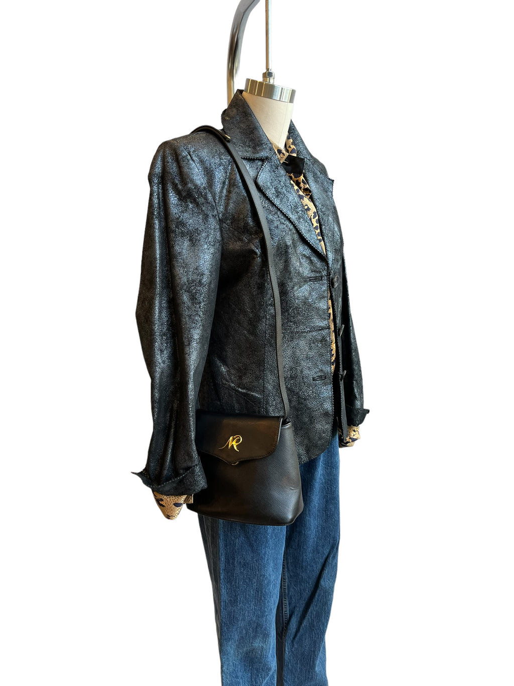 Black Metallic Leather Blazer Jacket - M