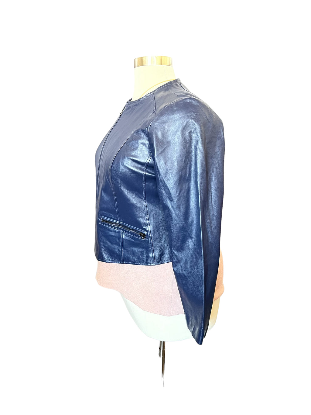 Jessica London Blue Collarless Leather Front Zip Jacket