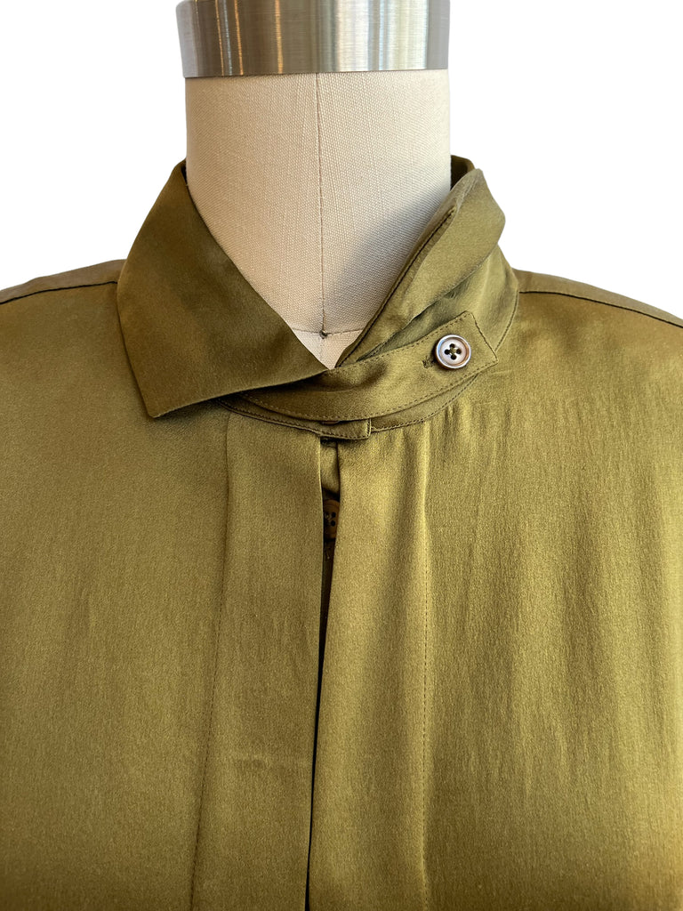Vintage Olive Green Sheen Silk Oversize Blouse Top