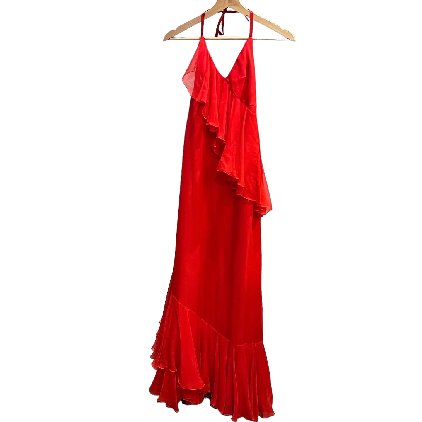 Rare Donald Brooks Red Chiffon Ruffle Maxi Dress - S