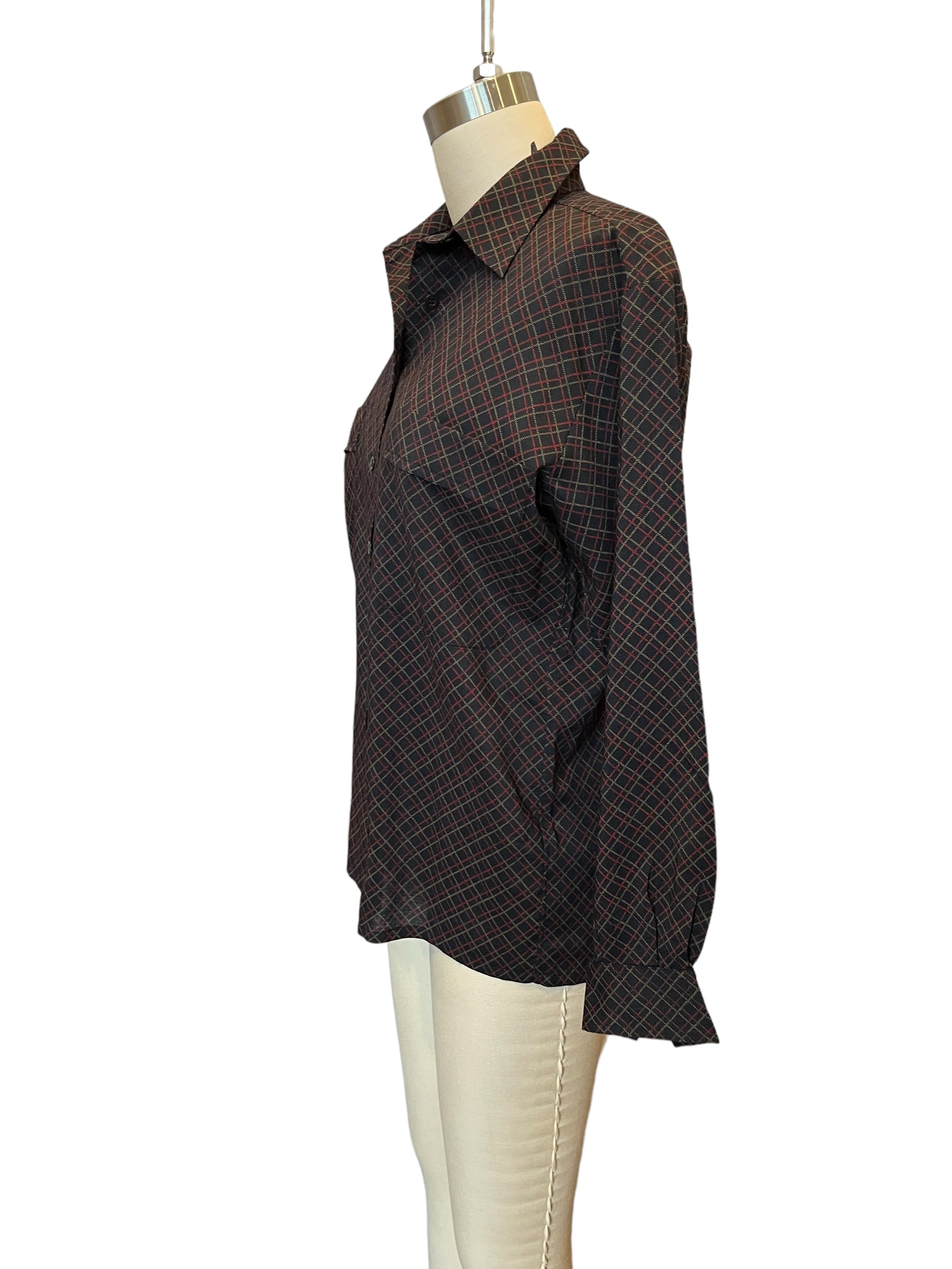 Vintage YSL Yves Saint Laurent Blue Plaid Print Wool Blouse